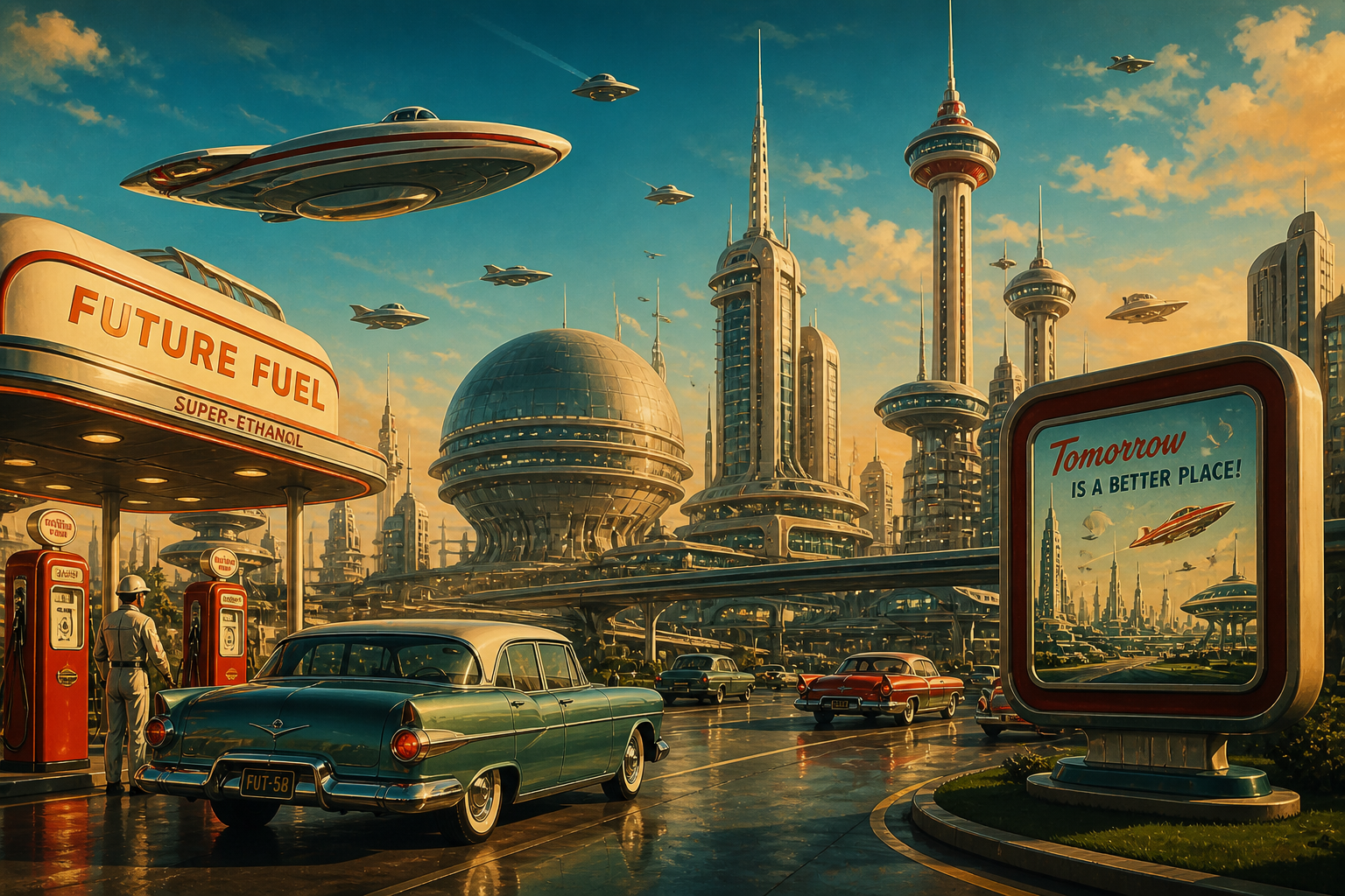 Cidade retrofuturista com carros clássicos, estação de combustível e prédios futuristas, enquanto veículos voadores cruzam o céu em um ambiente com cores vibrantes e atmosfera otimista.